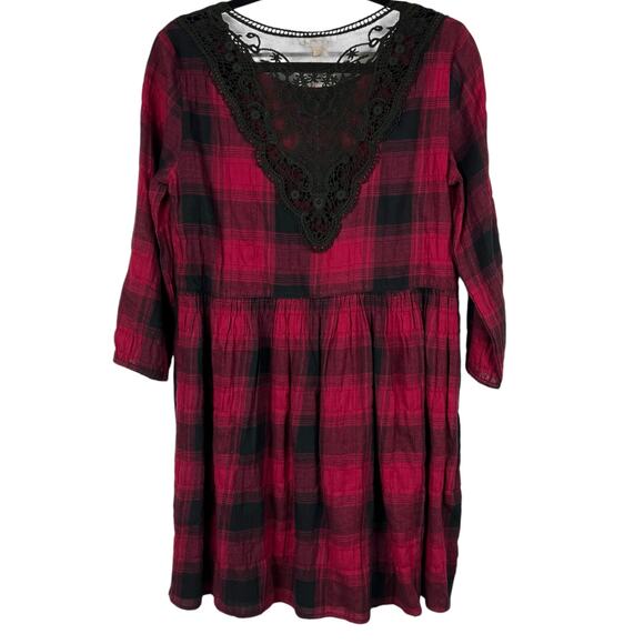 HEM & THREAD Maroon and Black Buffalo Plaid Dress Back Lace Inset  S NWT - Picture 1 of 7